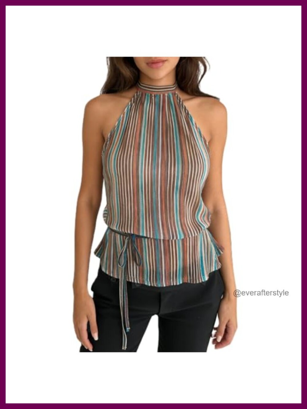 Pleated Halter Top Peplum Mock Neck Open Back Sleeveless Tank with Belt